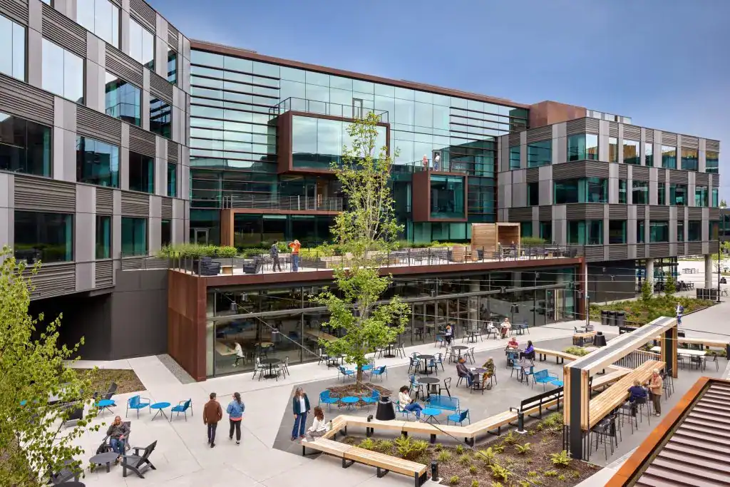 Modern office building with outdoor courtyard seating