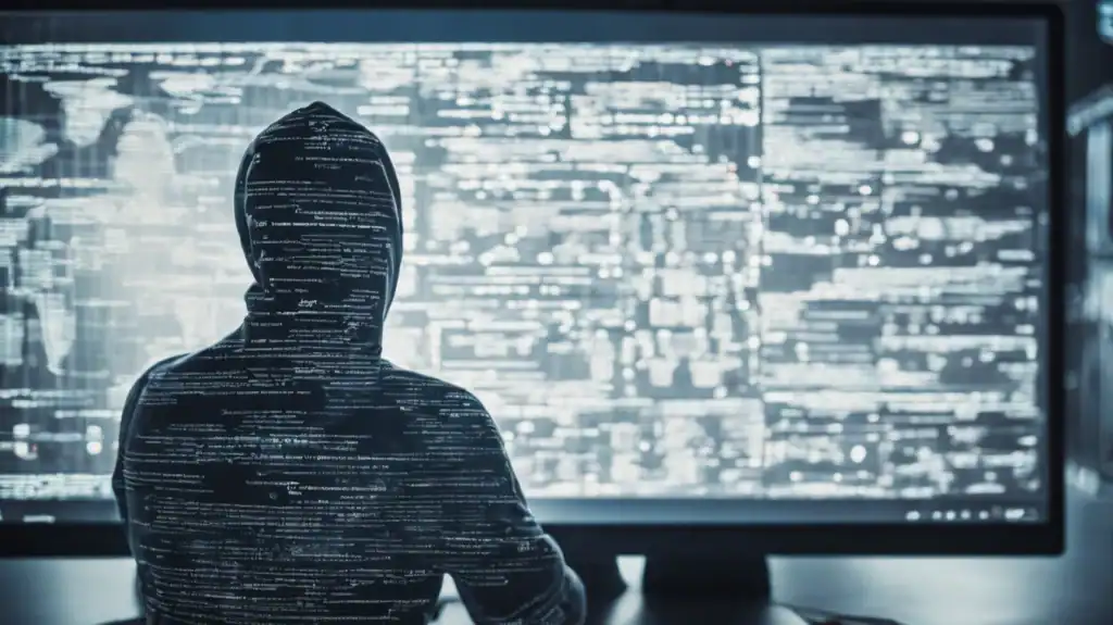 Hacker silhouette analyzing cybersecurity data on a large screen.
