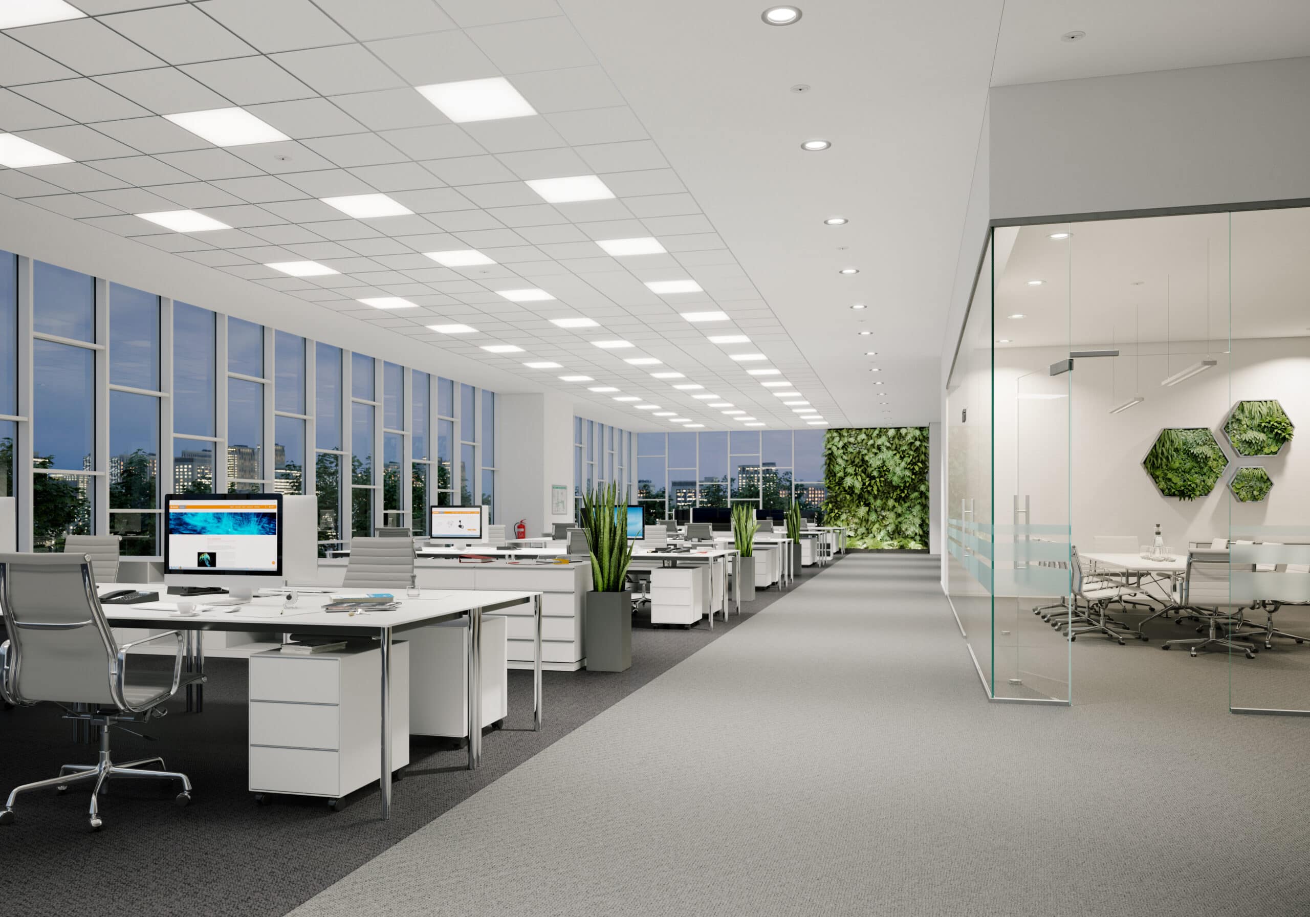 A rendering of a modern, open style office, with desks against the windows on the left side, offices with glass walls on the right. A bank of three rows of lights across the ceiling.