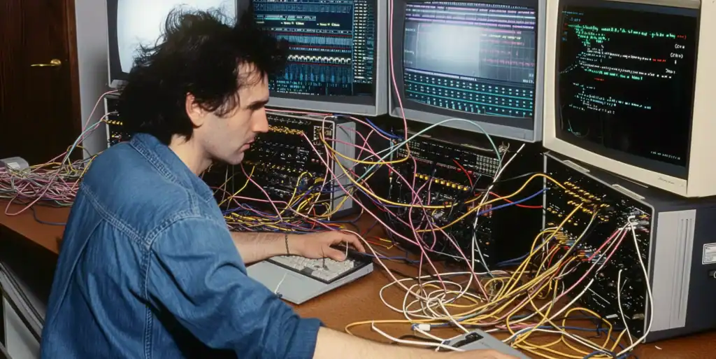 Technician working on multiple monitors with network cables and coding.