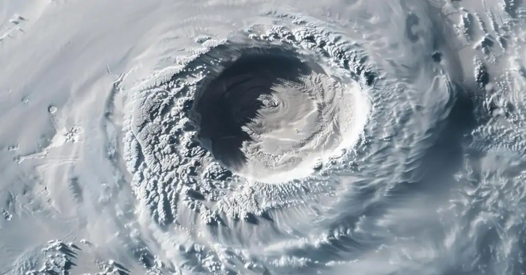 Satellite image of a hurricane with a clear eye and swirling clouds.