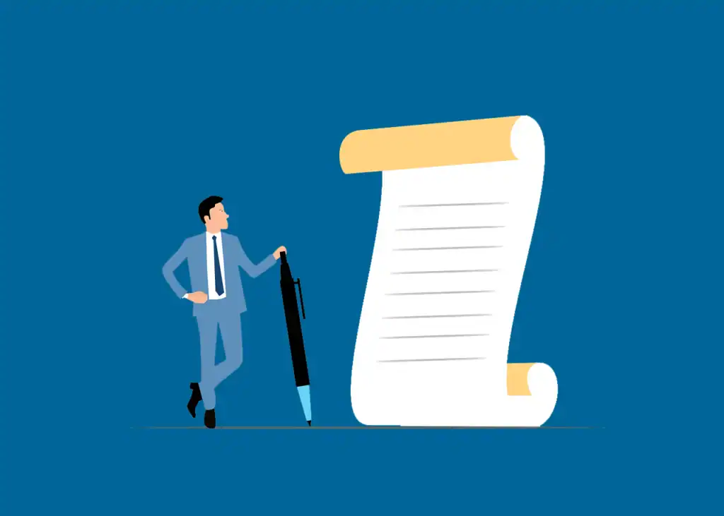 Businessman holding a giant pen next to a large notepad on blue background.