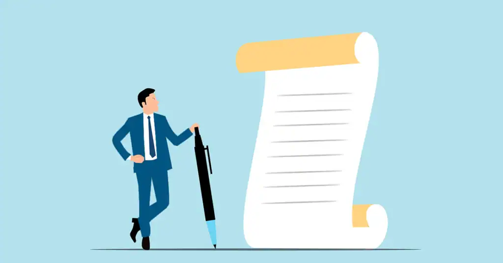 Businessman with large pen and report document for OT network health.