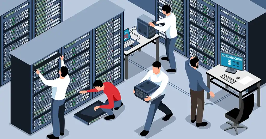 IT professionals managing OT networks in a data center environment.