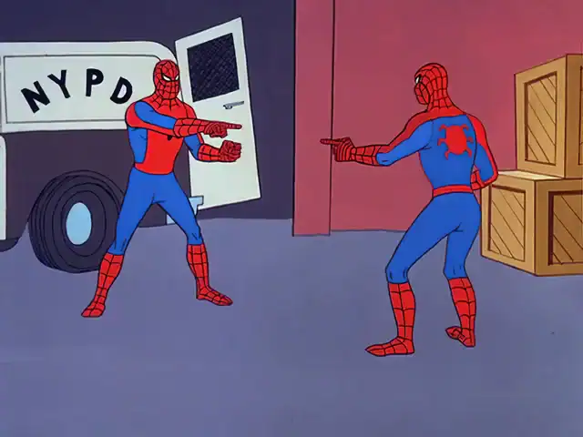 Spider-Man pointing at Spider-Man in a cartoon scene.