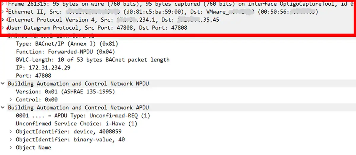 BACnet packet capture showing network traffic details for Optigo Networks.