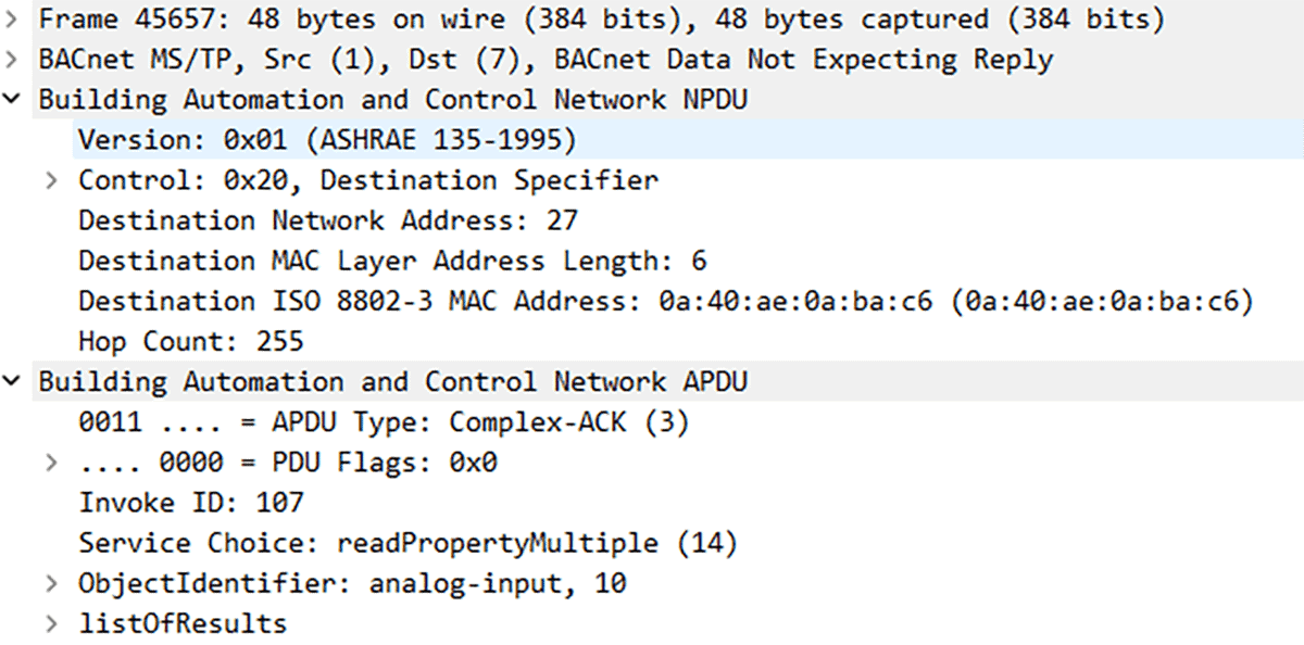 This is an example of a BACnet frame capture from an MS/TP network.