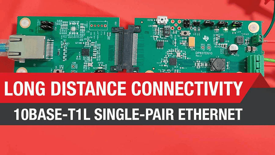 A photograph of a 10BASE-T1L Single Pair Ethernet PCB with the caption 