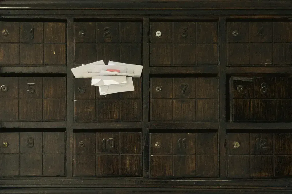 Vintage mailboxes with some letters inside and outside.