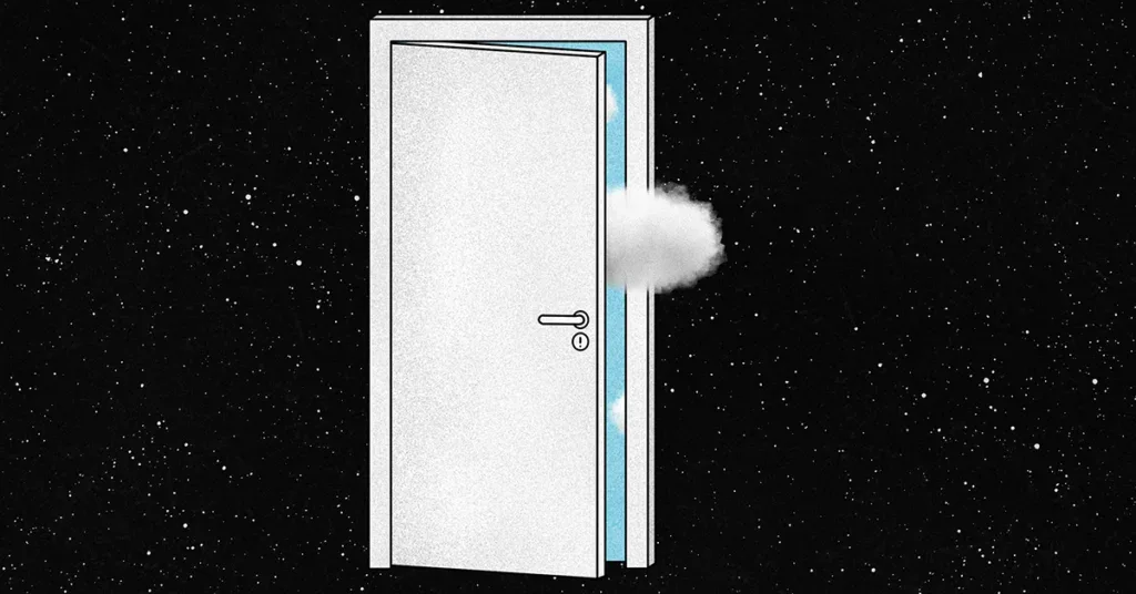 A door floating in space with a cloud and starry background.
