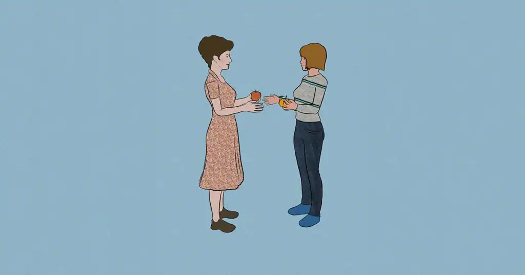 Two women exchanging a gift in a simple illustration.