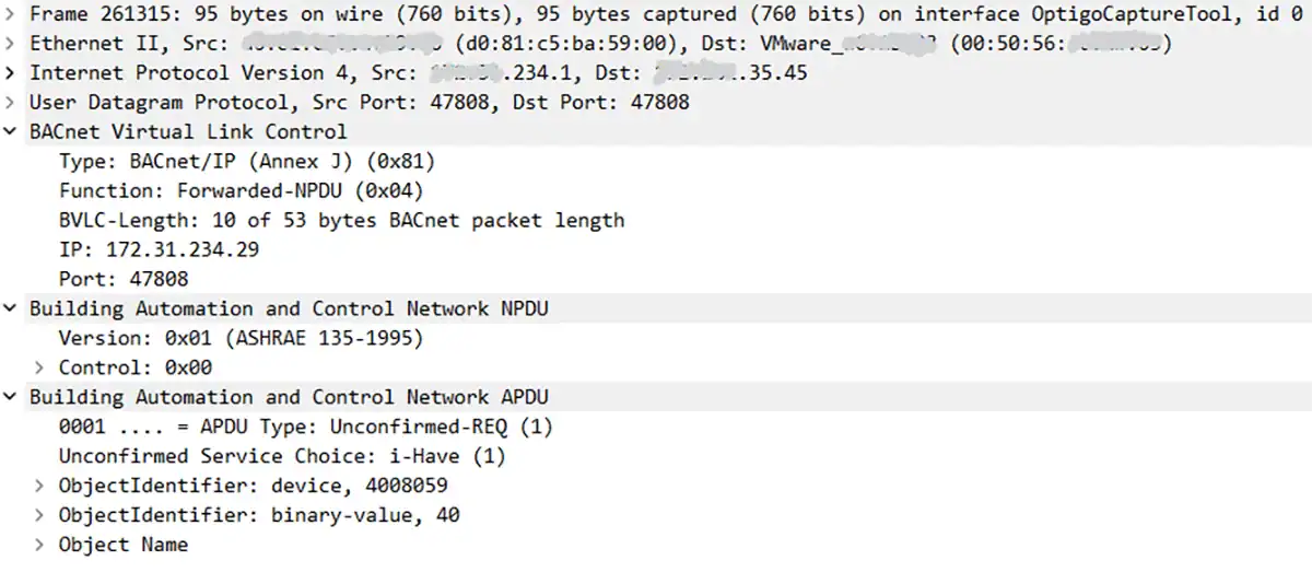 BACnet packet capture showing network traffic details for Optigo Networks.