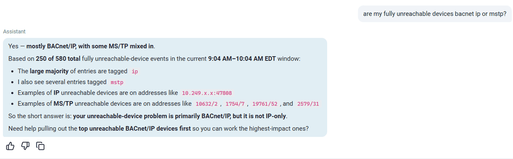 Chat response identifies mostly BACnet/IP unreachable devices